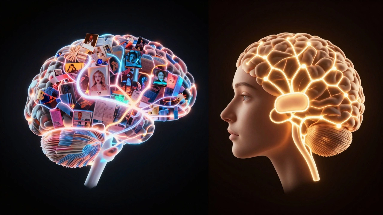 Abstract brain illustration showing chaotic porn-related neural activity on one side and calm, connected warmth on the other.
