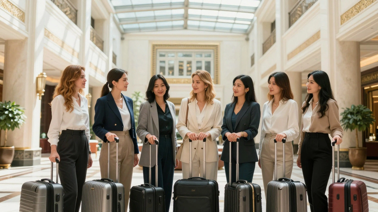 Women from different countries stand together in a luxury hotel lobby, each holding a suitcase, smiling quietly.